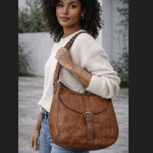 Tano Brown Leather Saddle Hobo Bag Chain Strap Boho Chic Slouchy Handbag